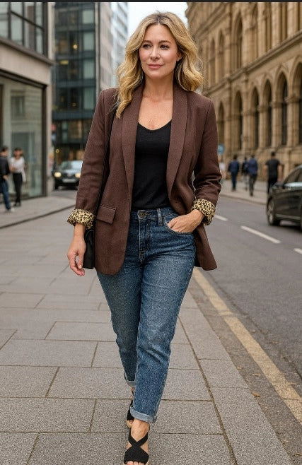 Women’s Leopard Trim Blazer | Turn Up Sleeve Jacket | Sizes S–4XL (UK 10–20)