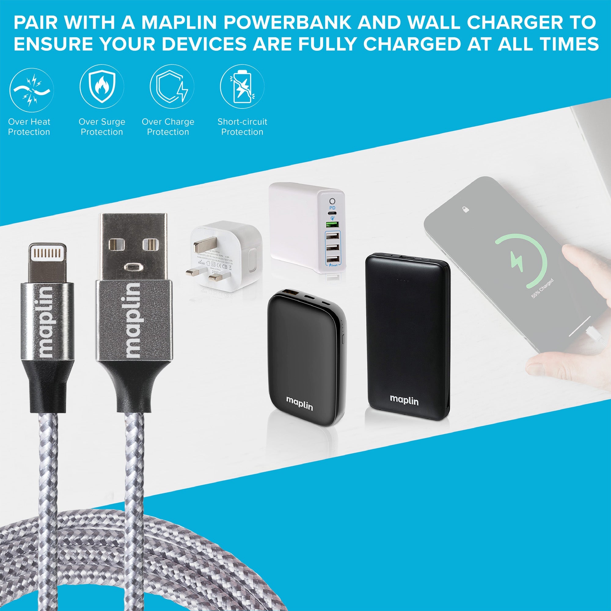 Maplin Premium Apple MFI Certified Tangle-Free Lightning to USB-A 2.0 Cable - Silver, 3m