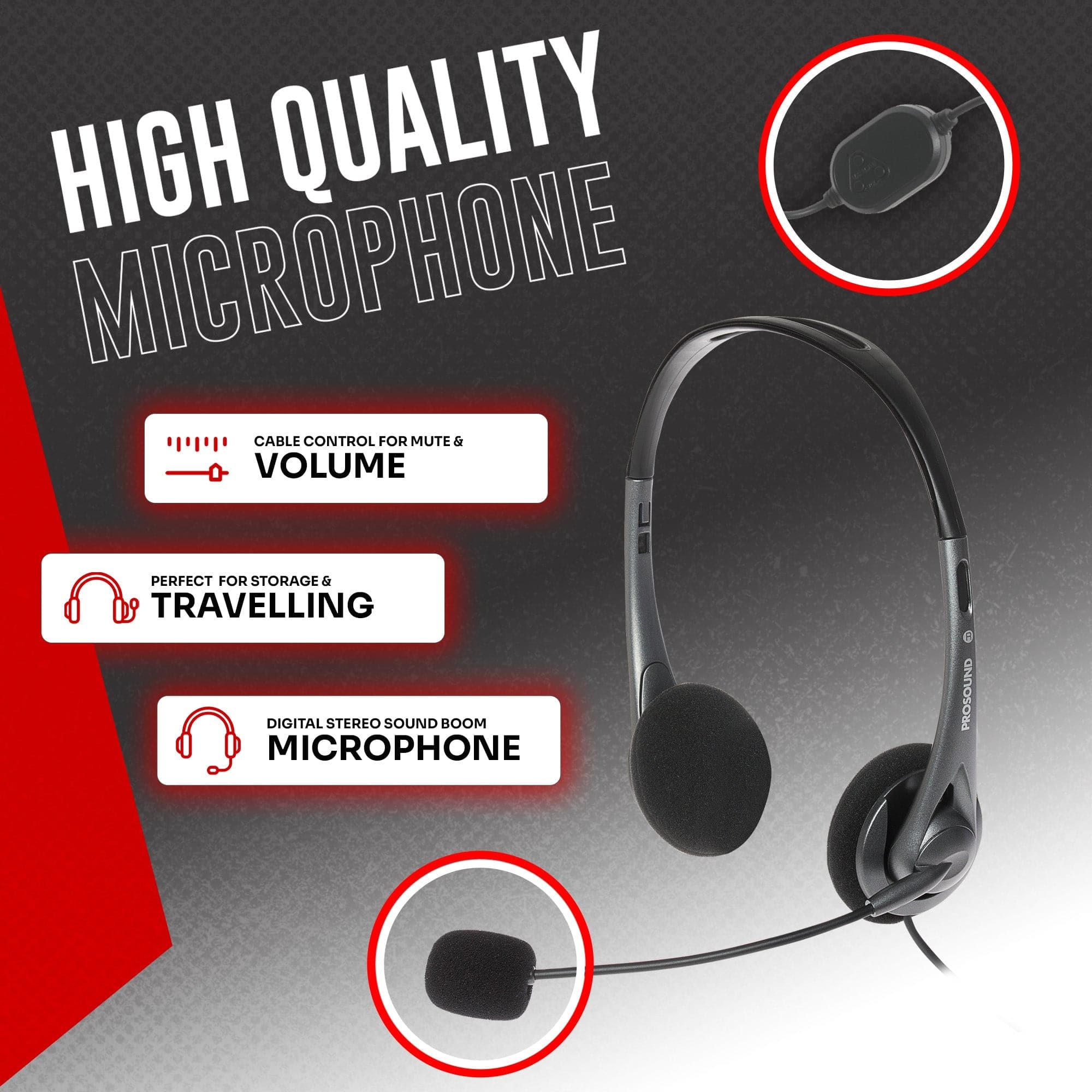 ProSound USB-A Stereo Headset with Electret Condenser Boom Microphone & 1.2m Cable