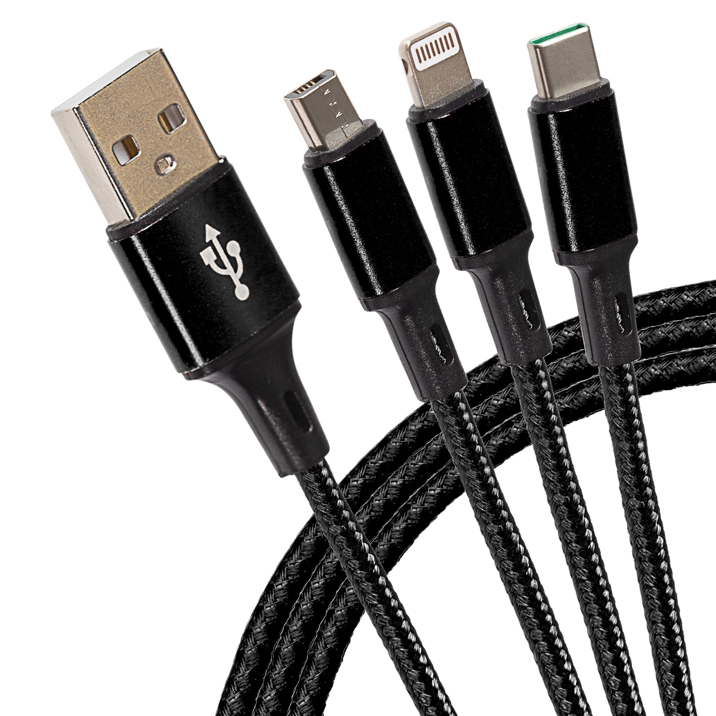 Maplin USB-A to 3-in-1 Multi-Charging USB-C / Lightning / Micro USB Braided Cable - 1.2m