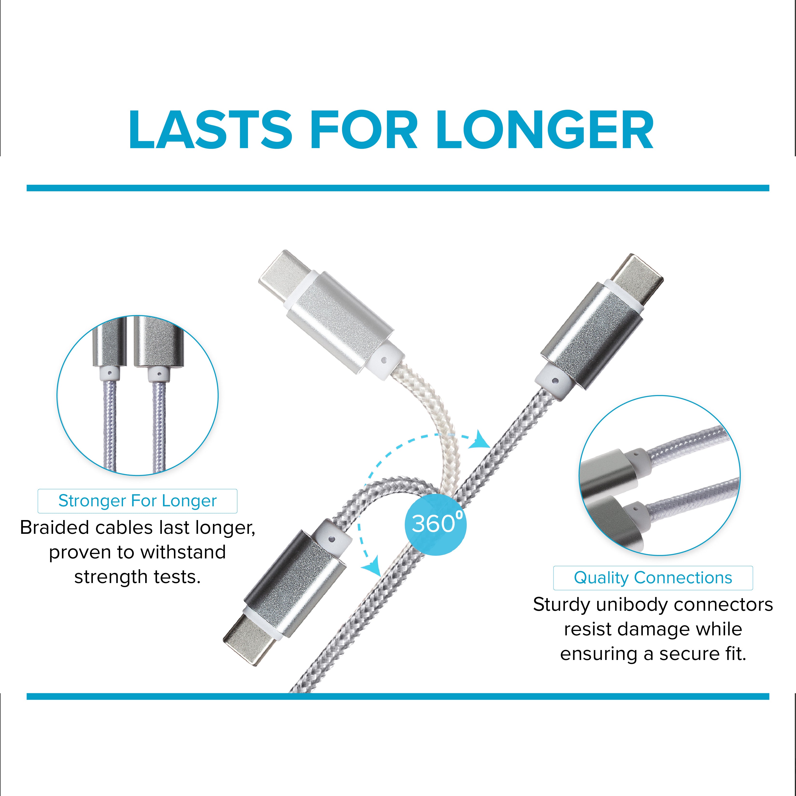 Maplin USB-C to USB-A Braided Cable - Silver, 0.25m