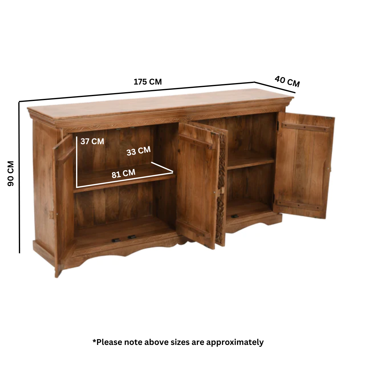 Carved Mango Wood Extra Large Sideboard with 4 Doors