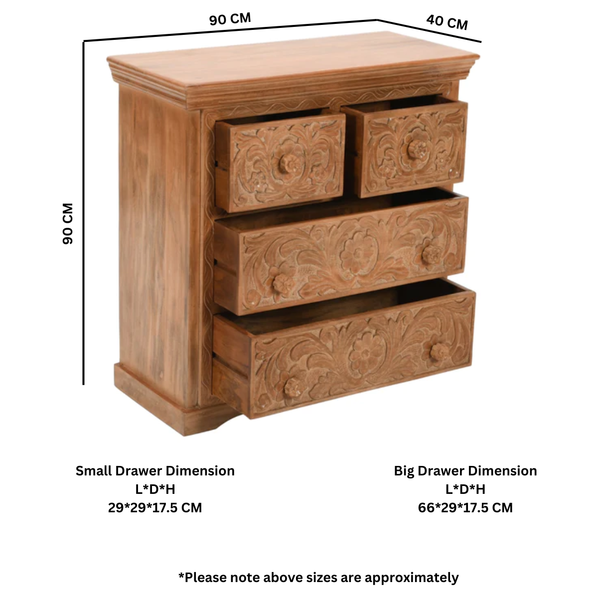 Carved Mango Wood Chest Of 4 Drawers