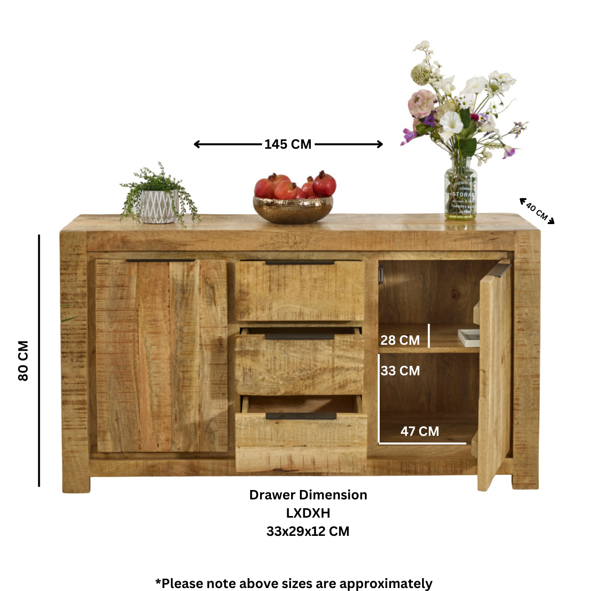 Merlin Mango Wooden Large Sideboard   2 Door & 3 Drawer