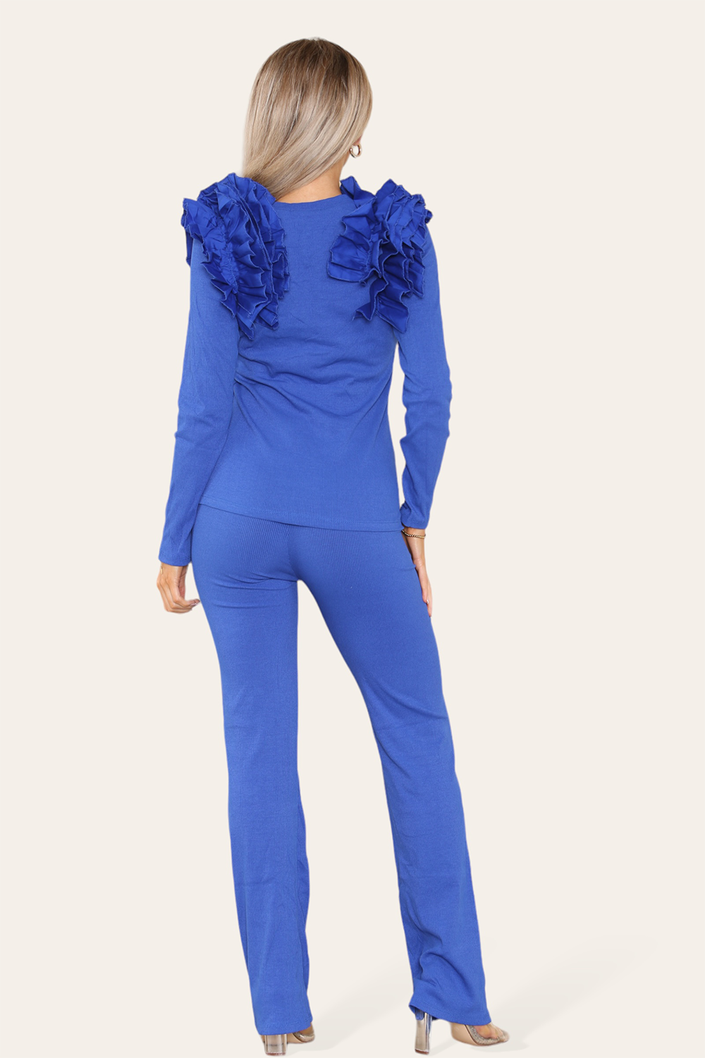 Ruffle Frill Shoulder Ribbed Loungewear Co-Ord Top & Trouser Set