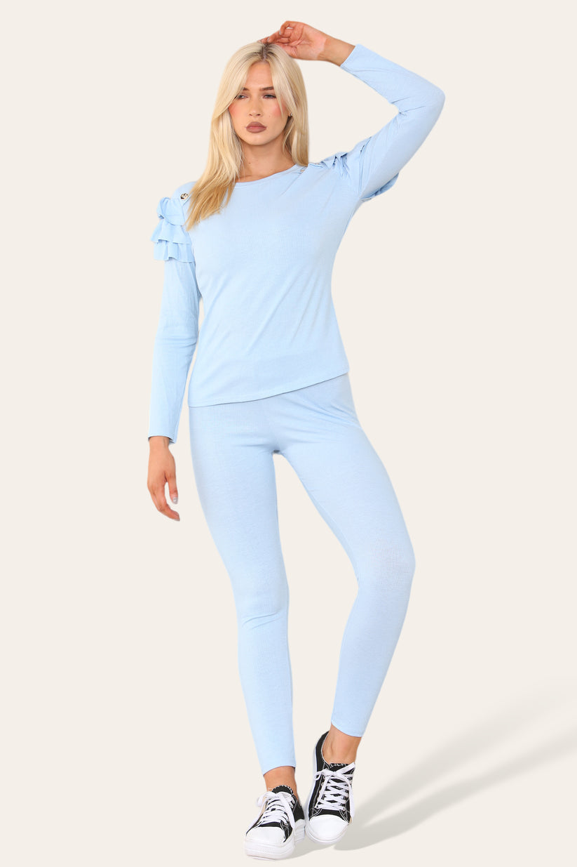Frilled Sleeves Set Shoulder Golden Button Lounge Wear Suit