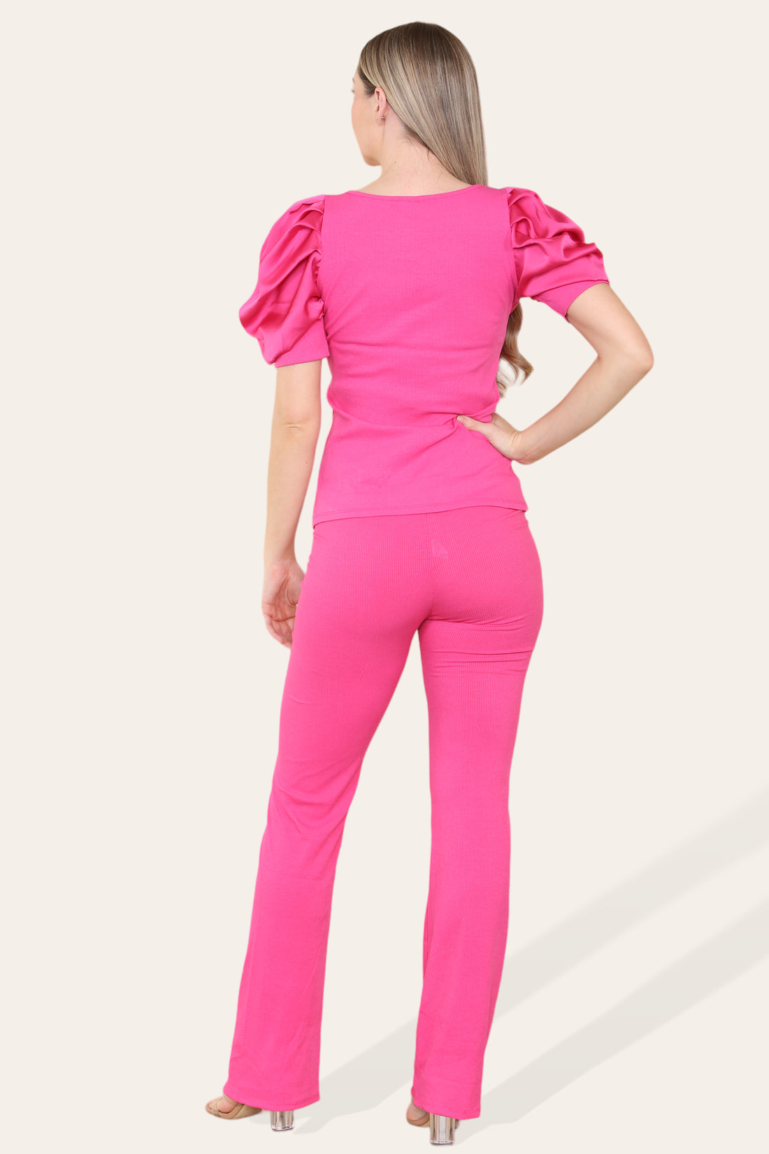 Silky Satin Puff Sleeves Ribbed Lounge Set