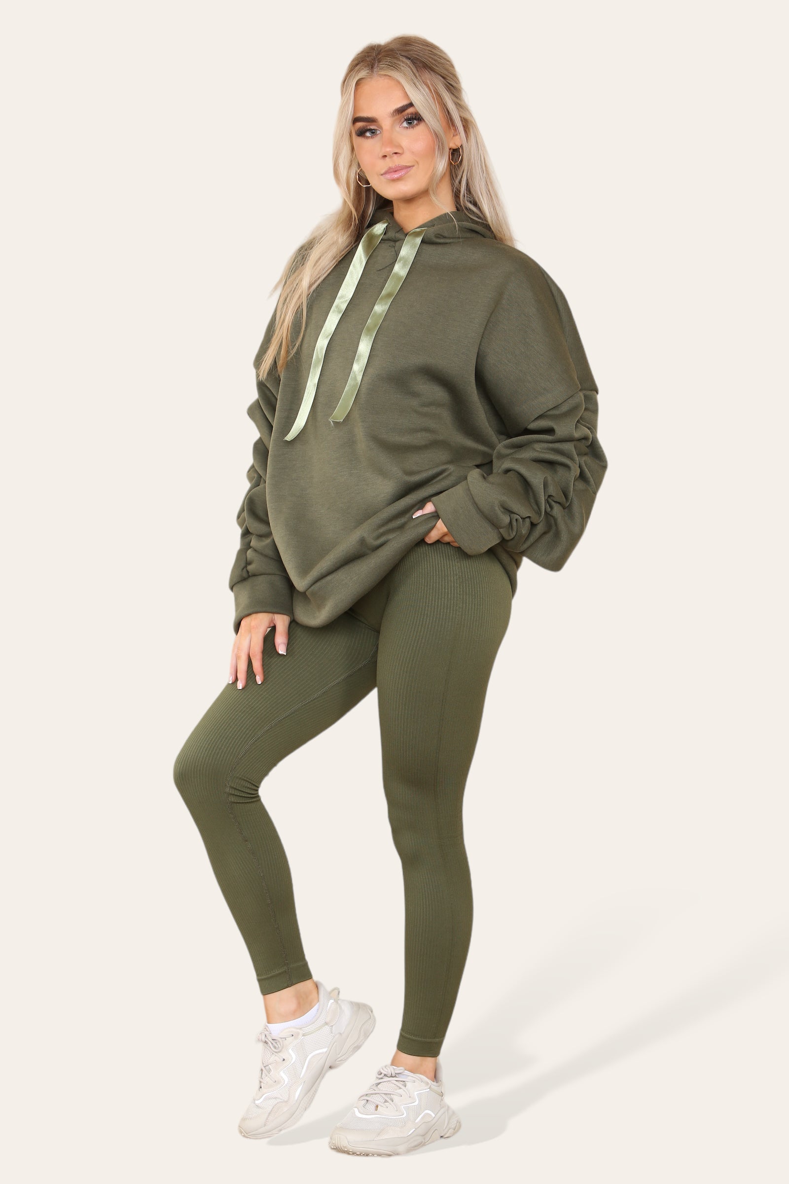 Oversized Ruched Sleeves Hoodie With Satin Ribbon