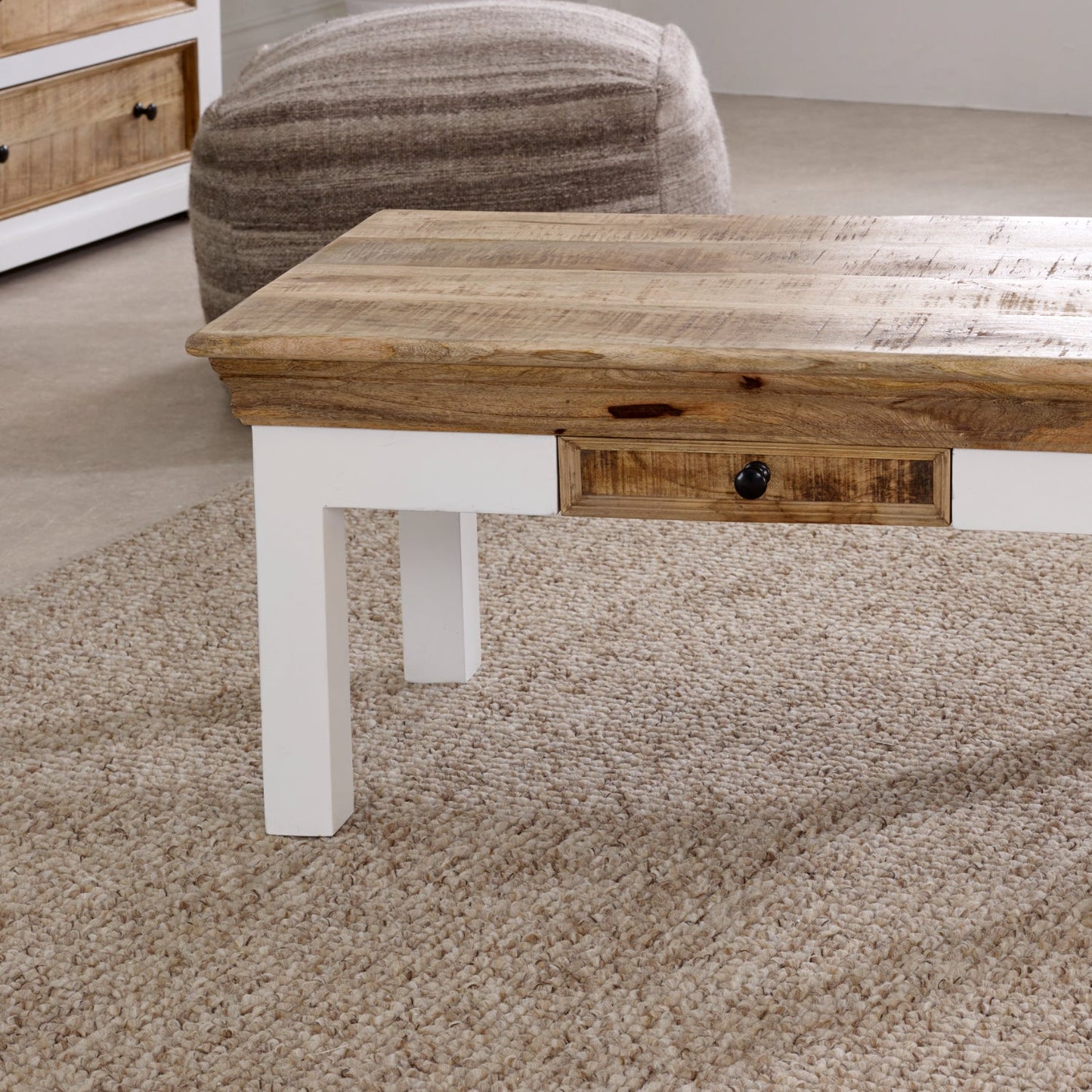 Bianco Solid Mango Wood White Coffee Table With Drawer
