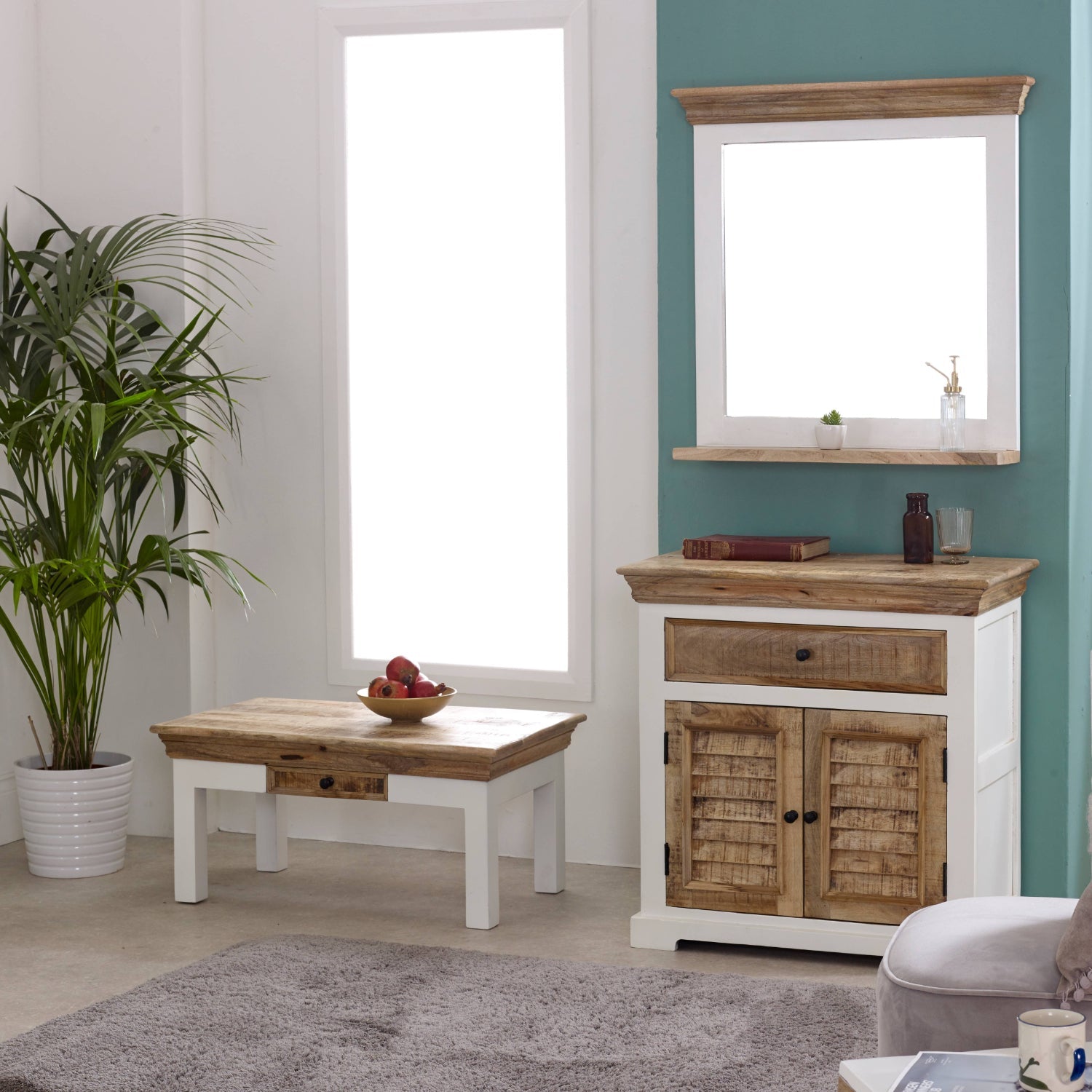 Bianco Solid Mango Wood White Coffee Table With Drawer