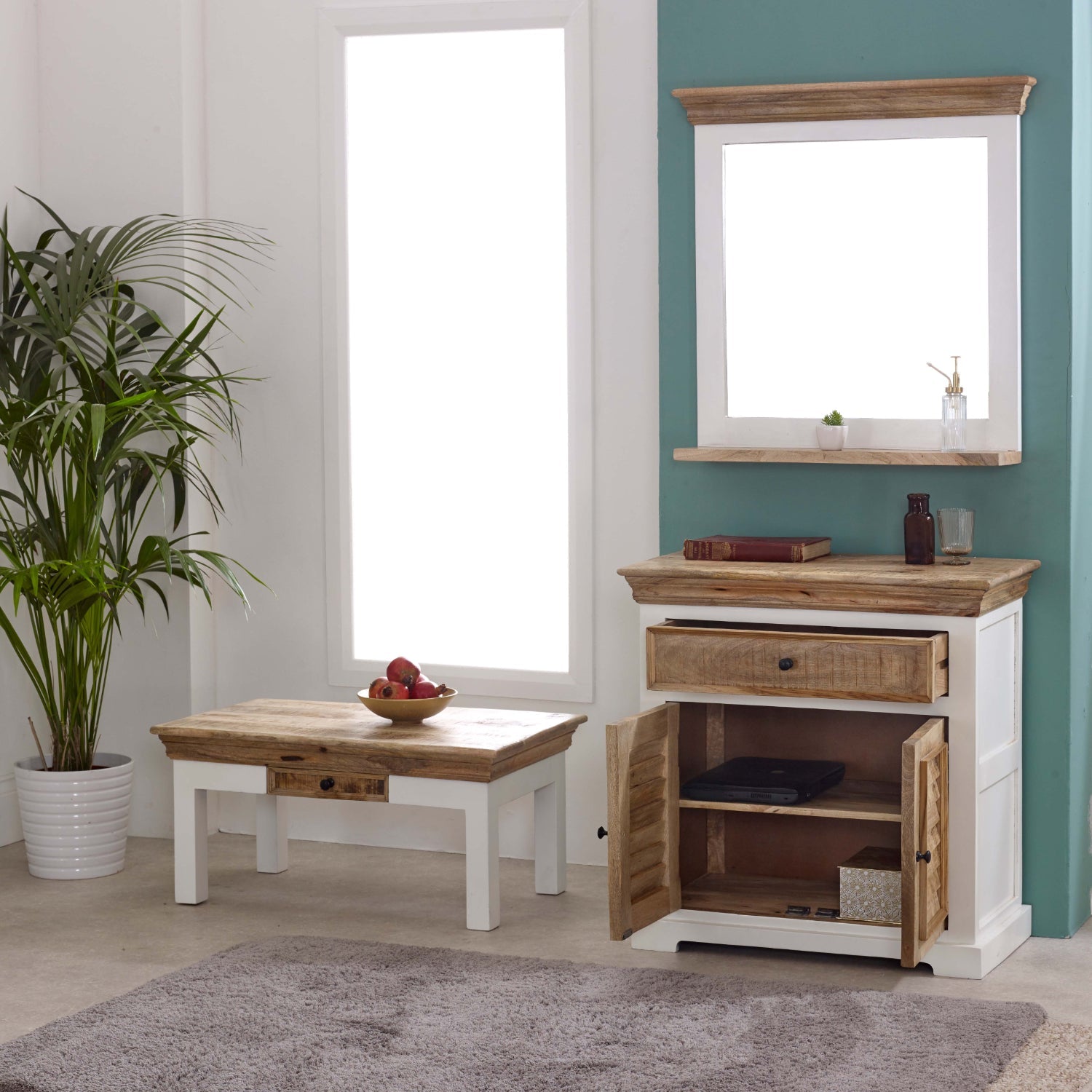 Bianco Solid Mango Wood White Coffee Table With Drawer