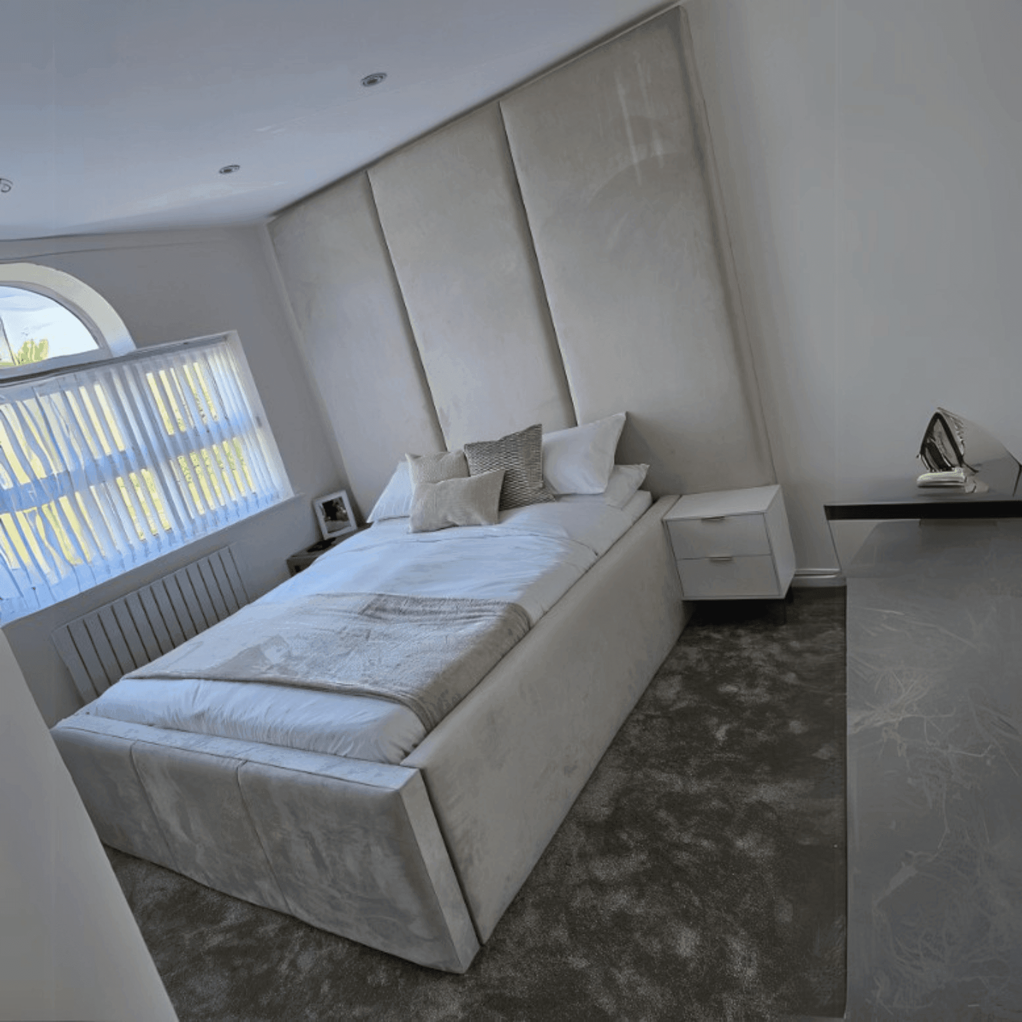 Bespoke Wall Panel Bed Frame with Luxurious Floor-to-Ceiling Headboard – Upholstered Elegance~ UkBedsDirect