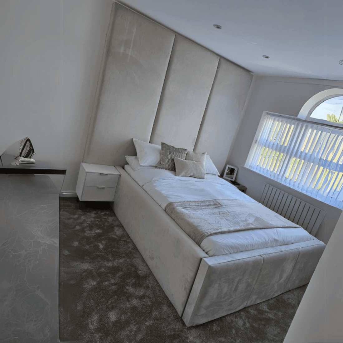 Bespoke Wall Panel Bed Frame with Luxurious Floor-to-Ceiling Headboard – Upholstered Elegance~ UkBedsDirect