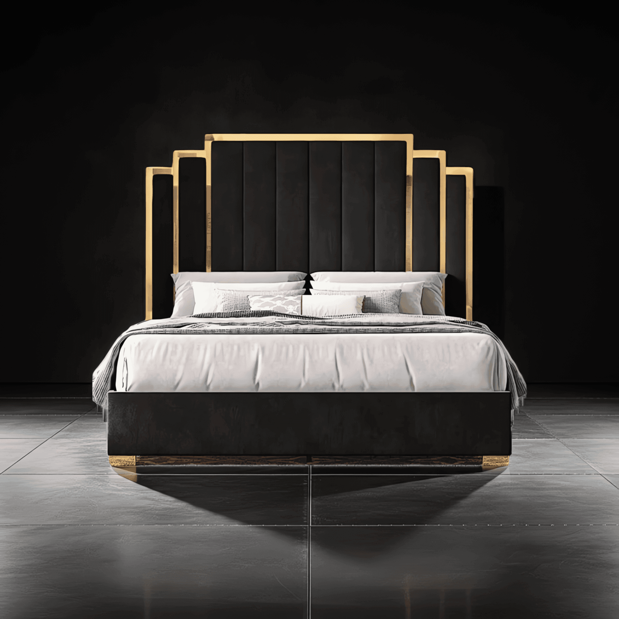 Sara Gold Panel Bed – Modern Upholstered Bed Frame with Gold Detailing