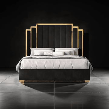Sara Gold Panel Bed – Modern Upholstered Bed Frame with Gold Detailing
