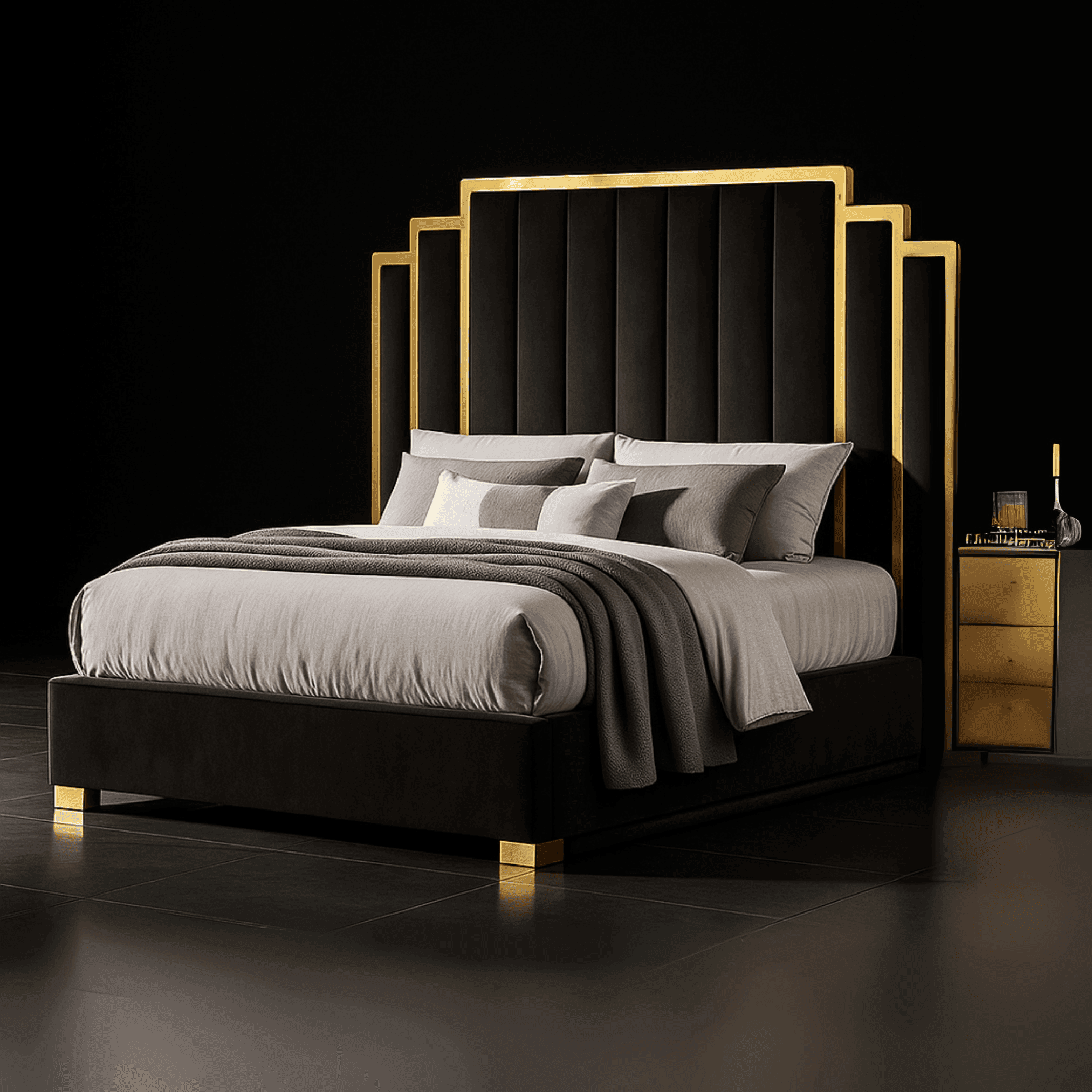 Sara Gold Panel Bed – Modern Upholstered Bed Frame with Gold Detailing