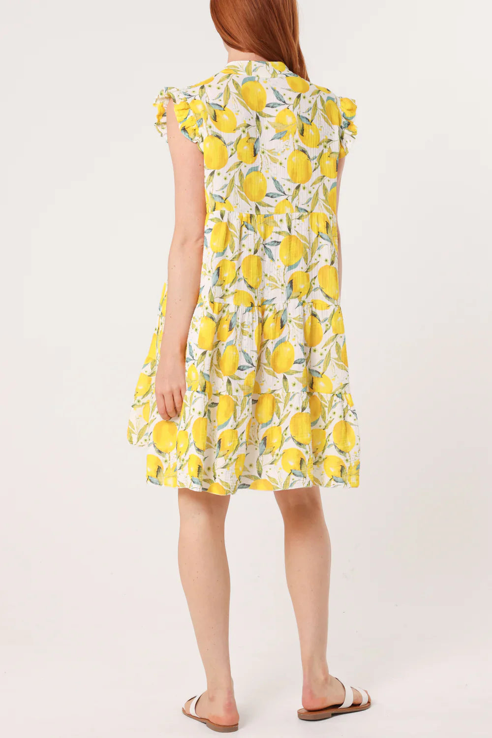 Lemon Print Frill Sleeve Mini Dress – One Size Fits 8–18/20