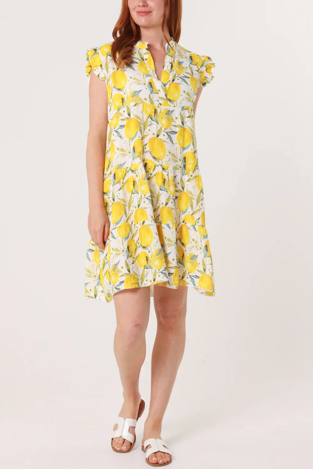 Lemon Print Frill Sleeve Mini Dress – One Size Fits 8–18/20