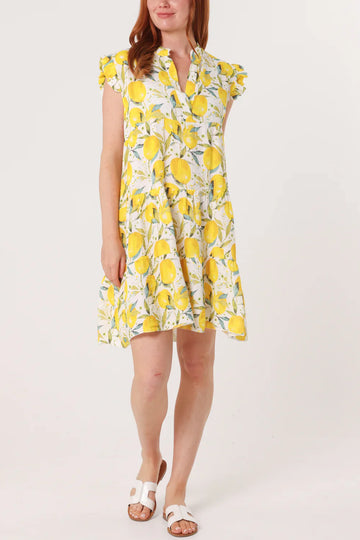 Lemon Print Frill Sleeve Mini Dress – One Size Fits 8–18/20