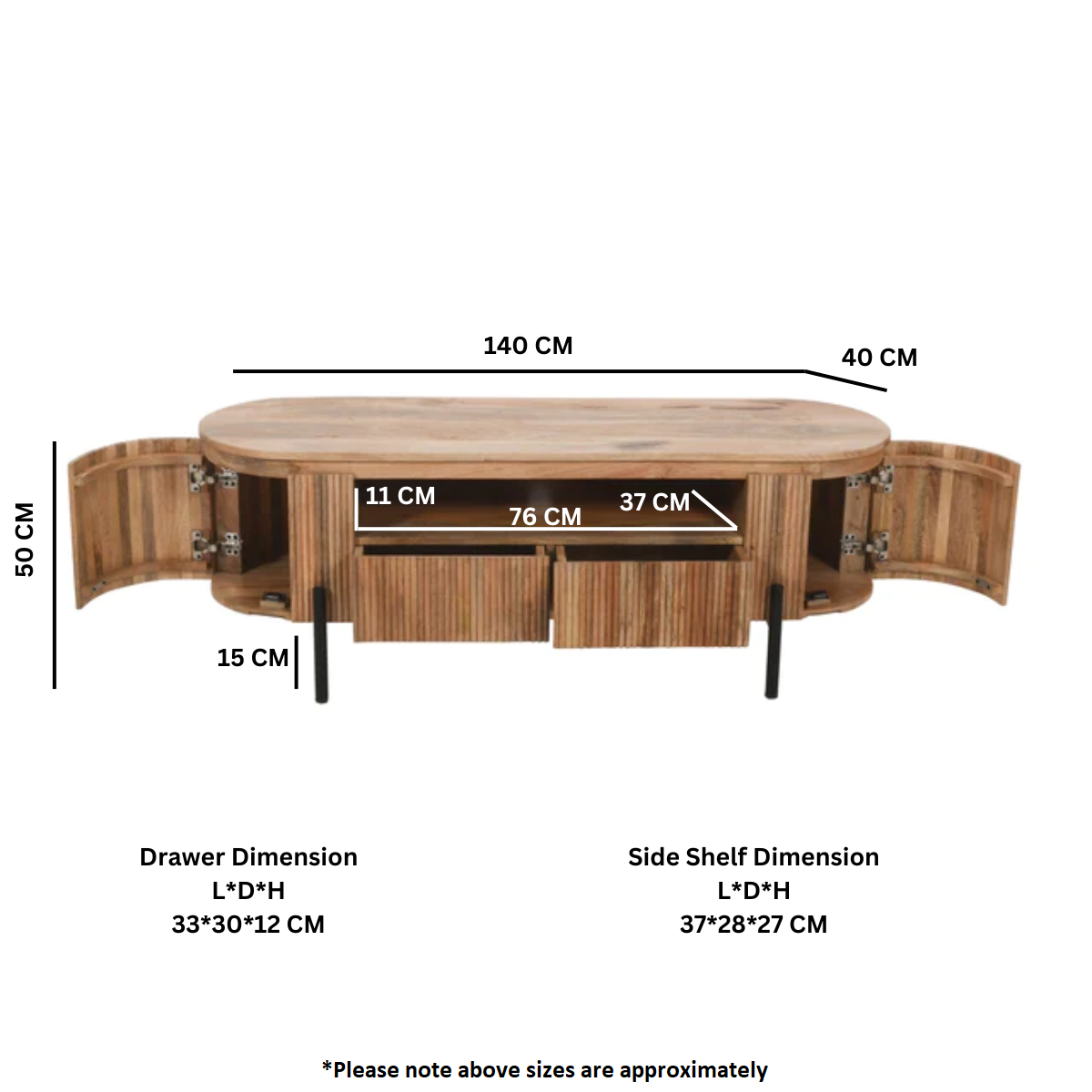York Natural Solid Wood Tv Cabinet With Metal Legs