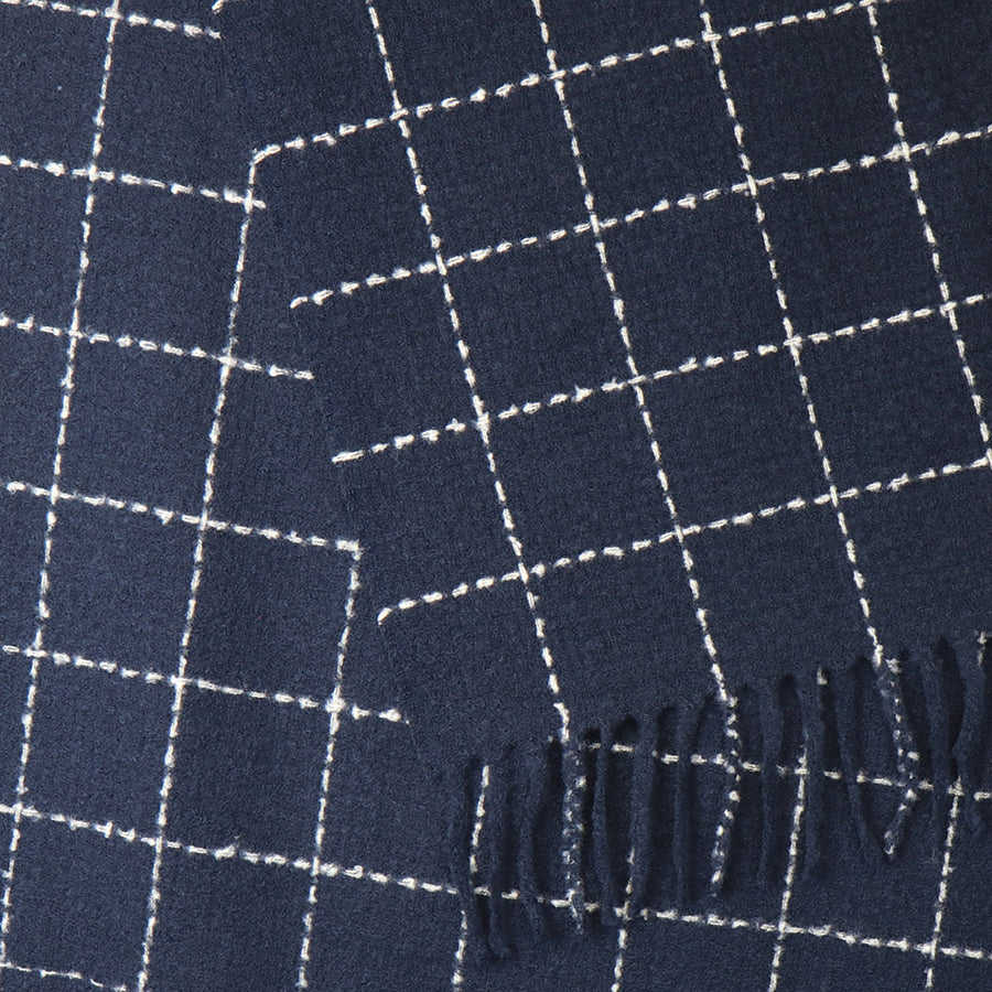 Navy Fine Check Scarf with Fringe