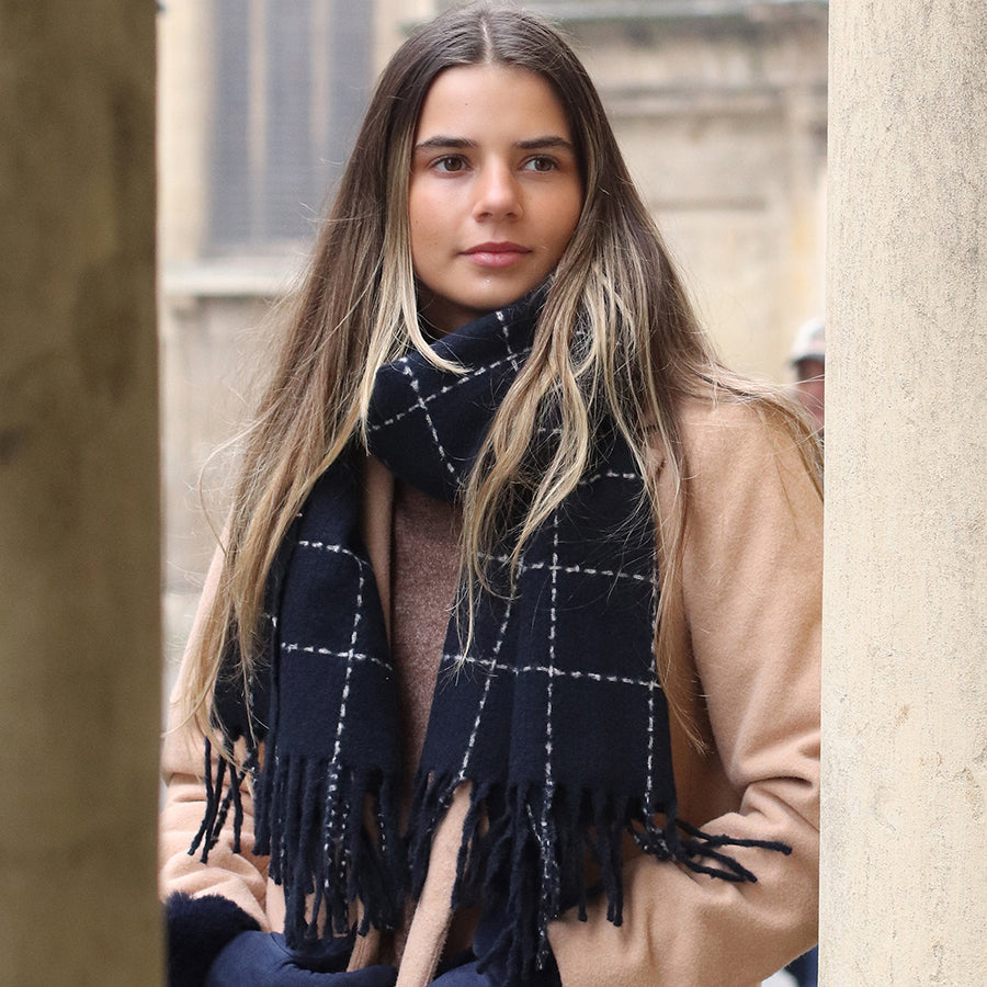 Navy Fine Check Scarf with Fringe