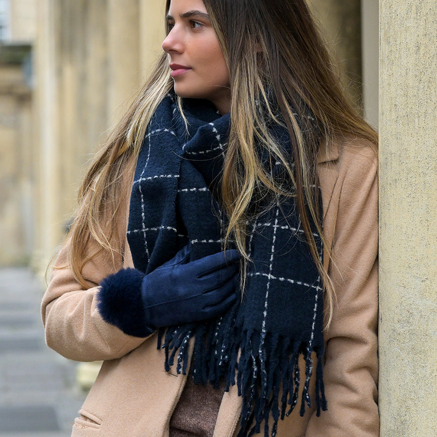Navy Fine Check Scarf with Fringe