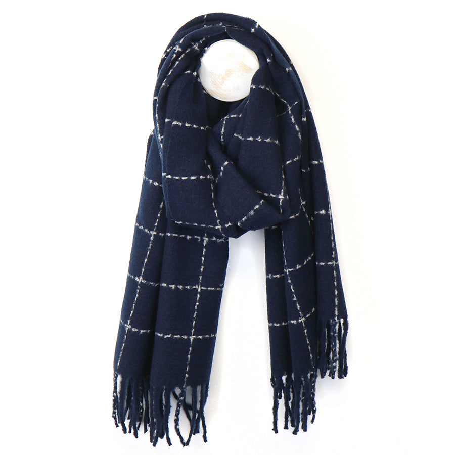 Navy Fine Check Scarf with Fringe