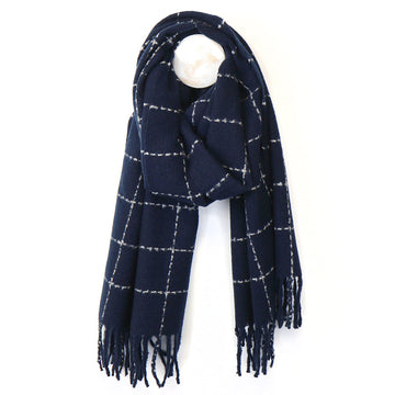 Navy Fine Check Scarf with Fringe