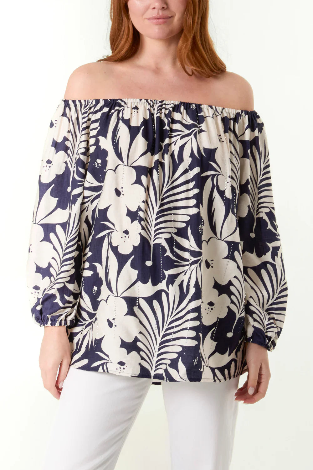 Navy Bardot Top with Floral Print | QED Off Shoulder Style