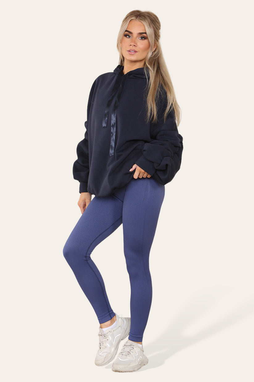 Plus Size Ruched Sleeves Hoodie With Satin Ribbon