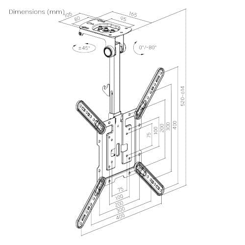 ProperAV Retractable Fold-Up Ceiling TV Bracket (23" - 55" / 20kg Capacity / VESA Max. 400x400) - Black