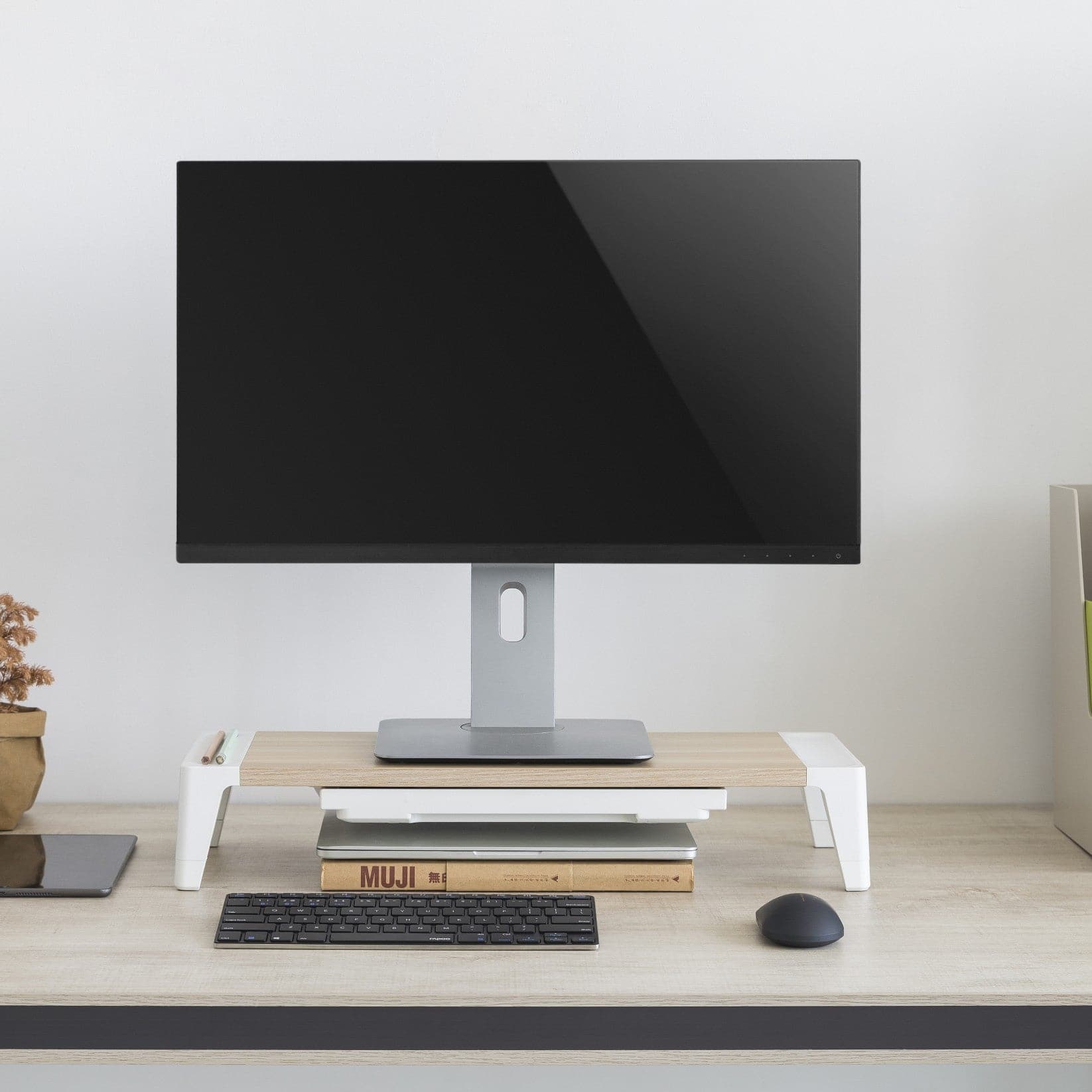 ProperAV Monitor Riser Stand with Height Adjustable with Drawer - Wood Effect