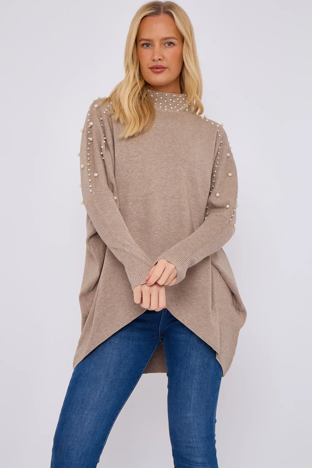 Pearl Embellished Highneck Jumper – One Size UK 8–18