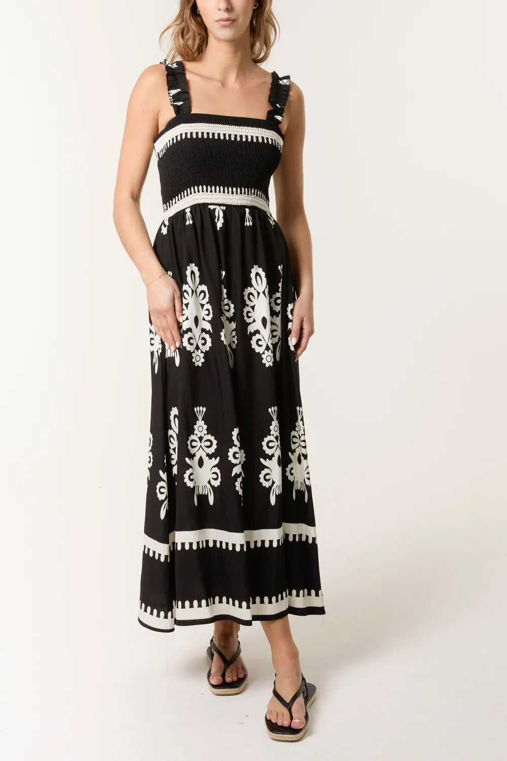 Printed Shirred Bodice Maxi Dress Black