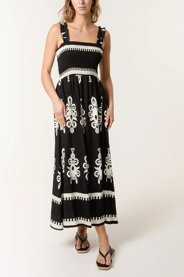 Printed Shirred Bodice Maxi Dress Black