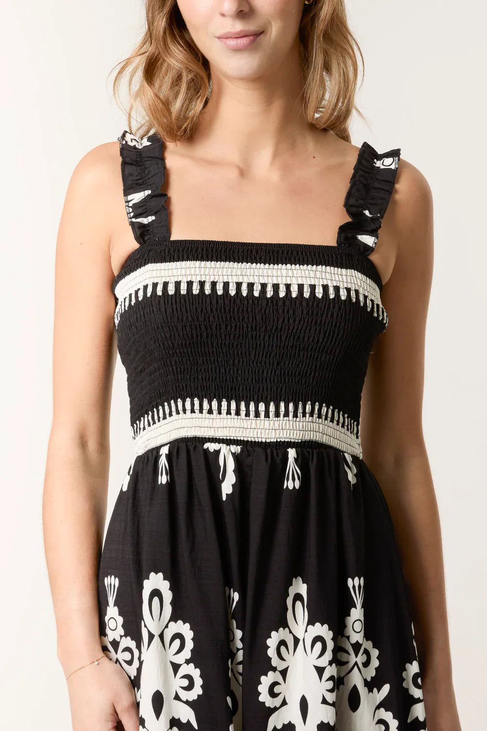 Printed Shirred Bodice Maxi Dress Black