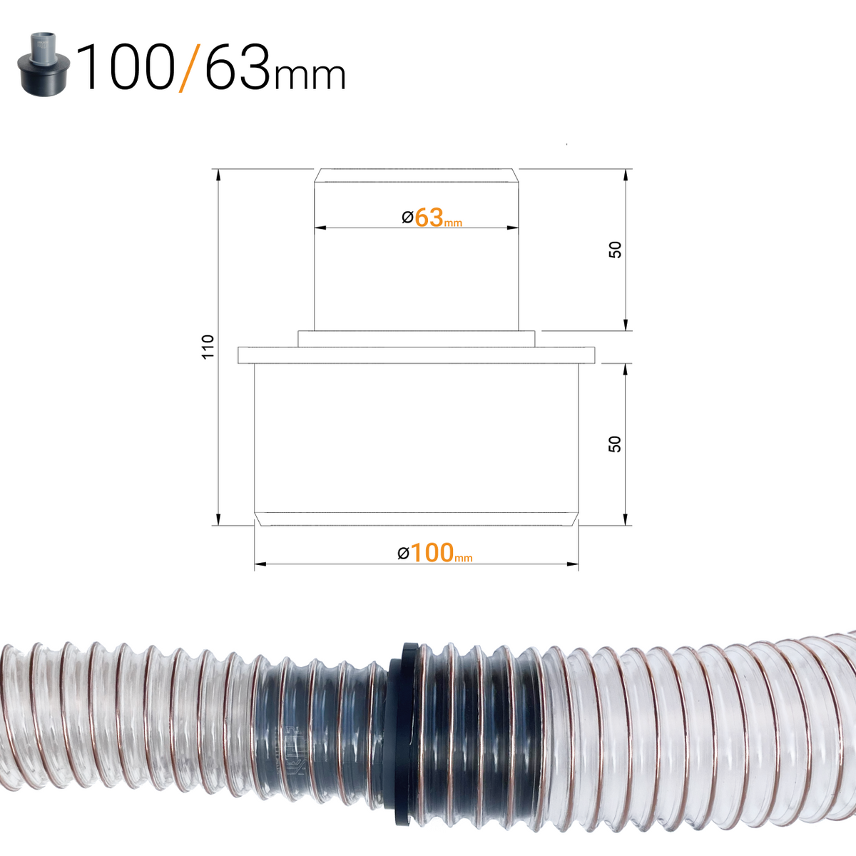 Dust Extraction Hose Reducer – 100 mm (4") to 80, 63 or 50 mm