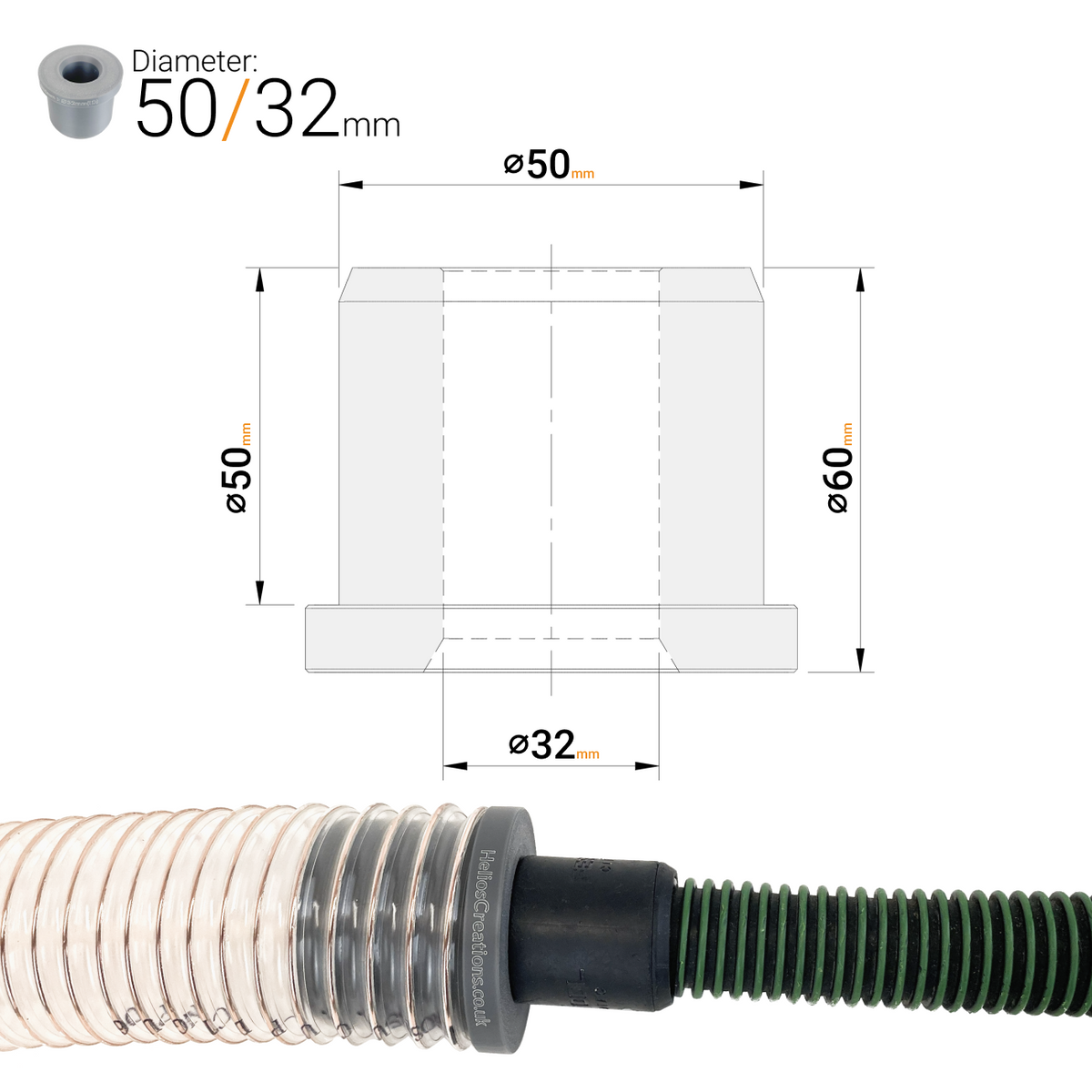 50 mm to 32–40 mm Dust Extractor Hose Reducer Adaptor – Workshop & Power Tools