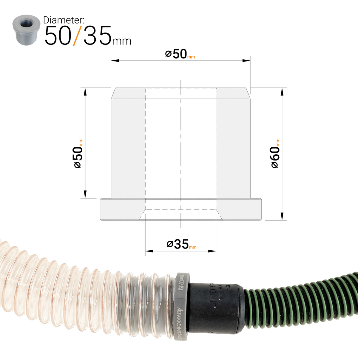 50 mm to 32–40 mm Dust Extractor Hose Reducer Adaptor – Workshop & Power Tools