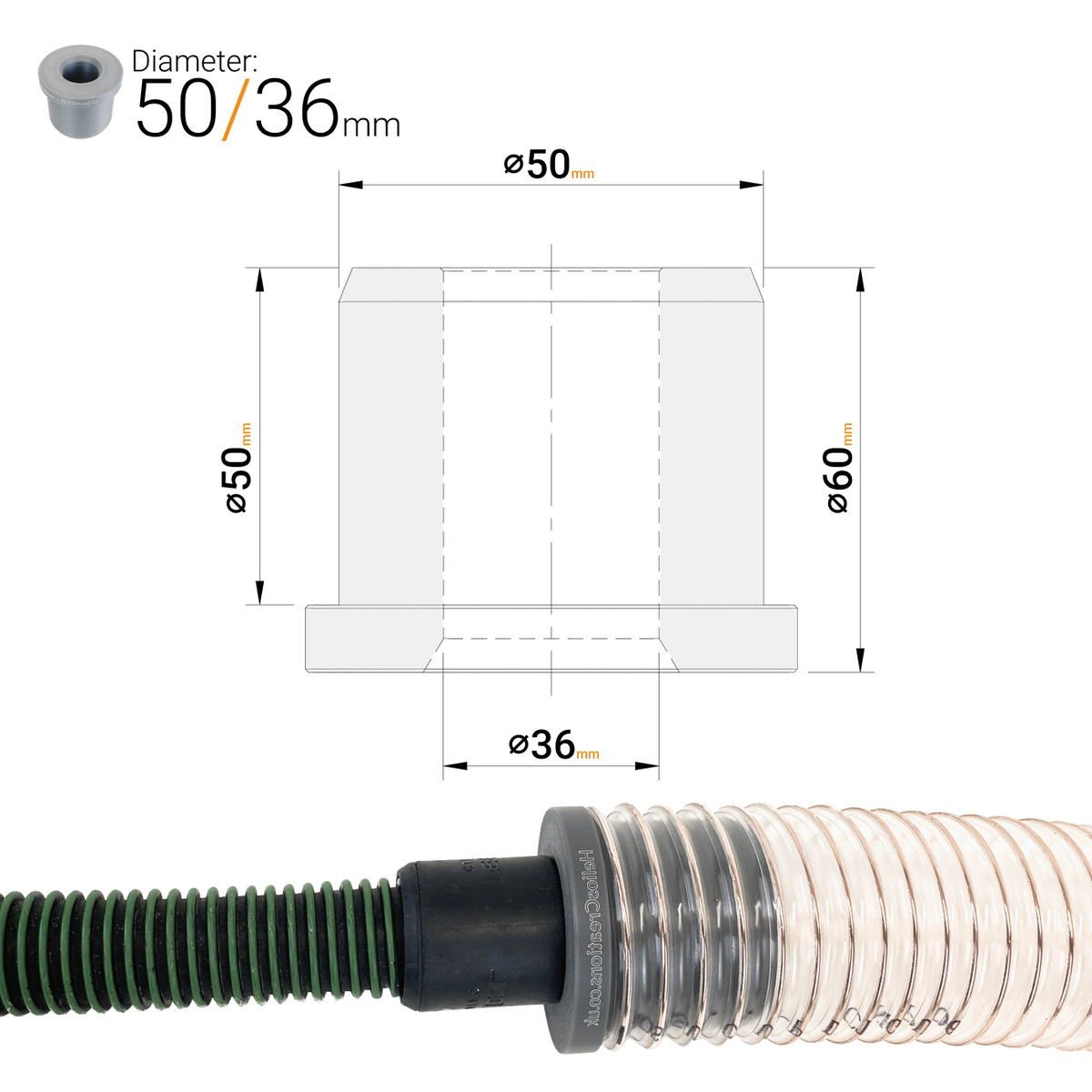 50 mm to 32–40 mm Dust Extractor Hose Reducer Adaptor – Workshop & Power Tools