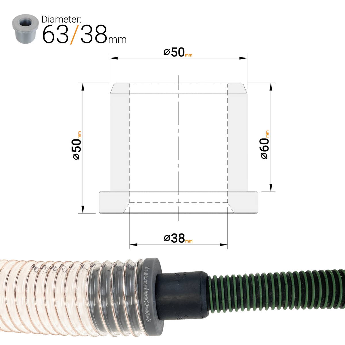 50 mm to 32–40 mm Dust Extractor Hose Reducer Adaptor – Workshop & Power Tools