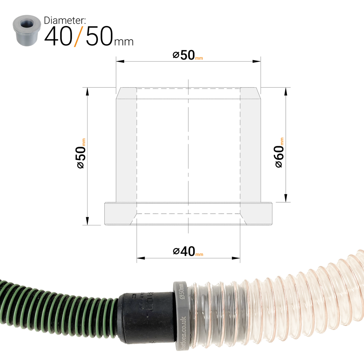 50 mm to 32–40 mm Dust Extractor Hose Reducer Adaptor – Workshop & Power Tools