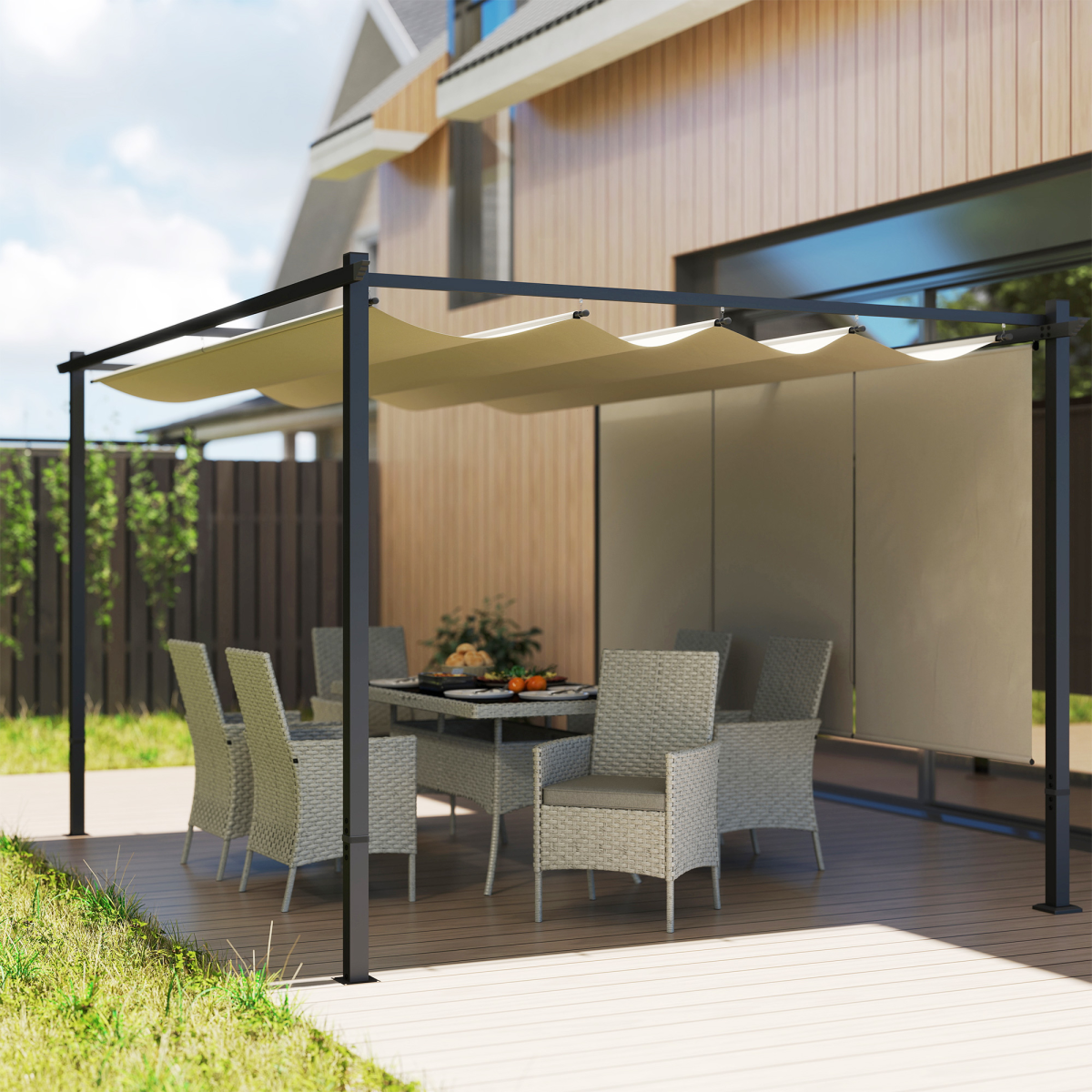 Outsunny 3 x 4m Metal Pergola with Retractable Roof and Roller Shade