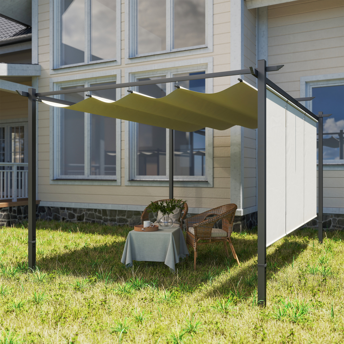Outsunny 3 x 4m Metal Pergola with Retractable Roof and Roller Shade