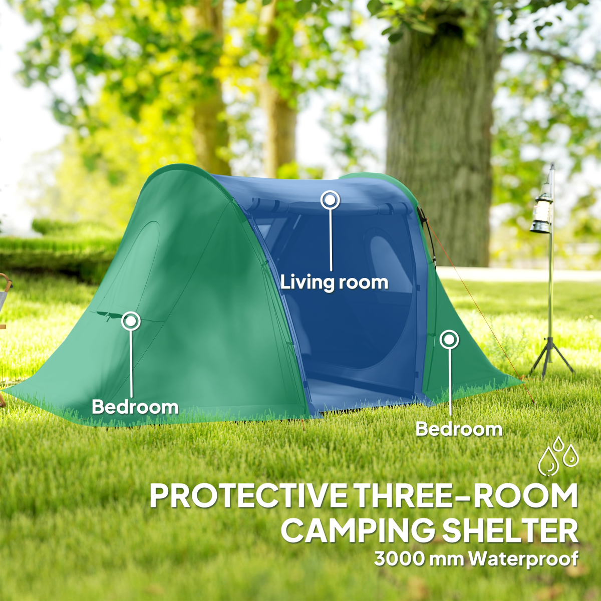 Outsunny 3 Man Camping Tent with 2 Bedrooms, 3000mm Waterproof