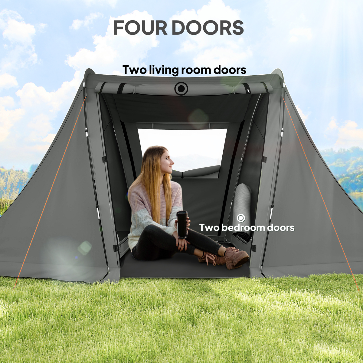 Outsunny 3 Man Camping Tent with 2 Bedrooms, 3000mm Waterproof