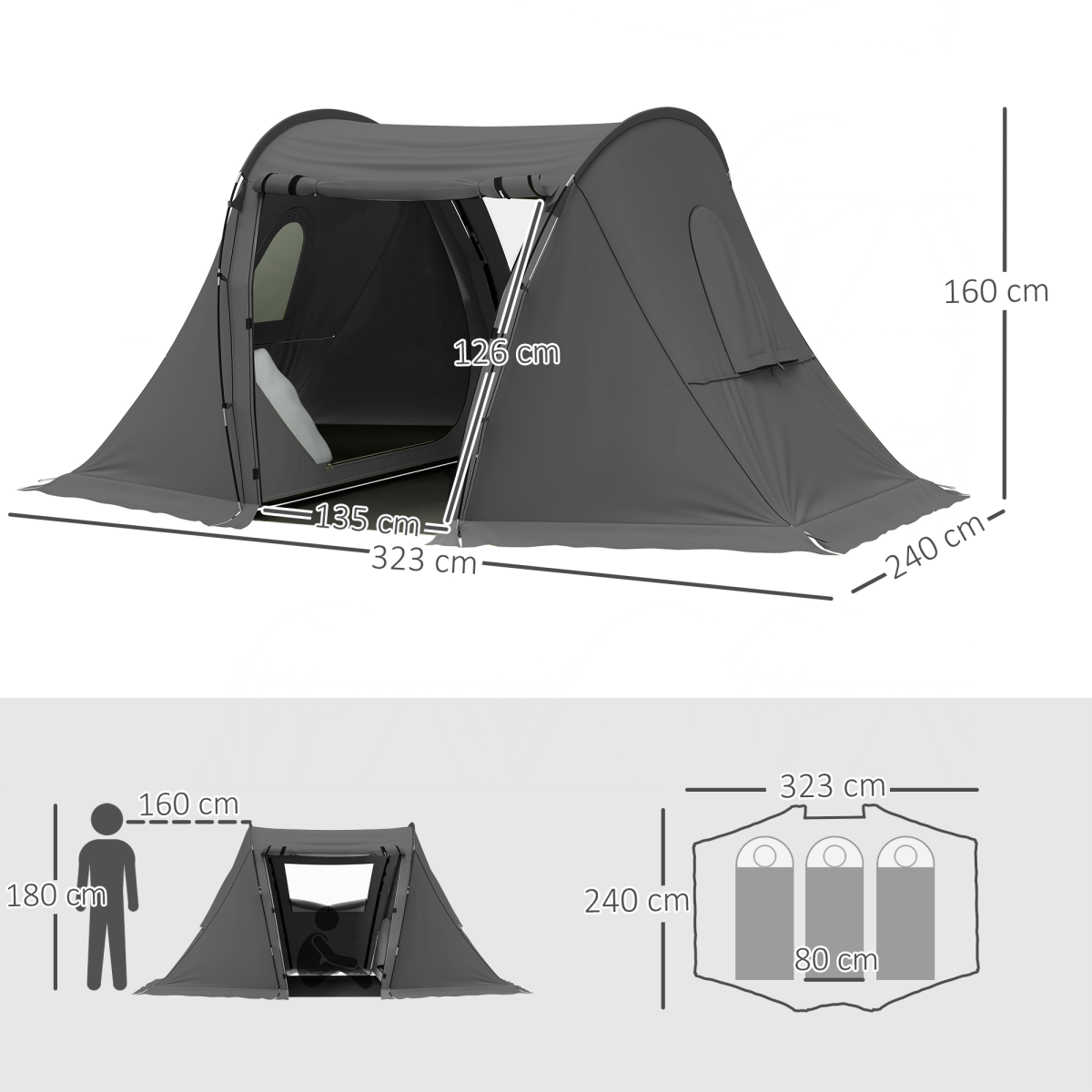 Outsunny 3 Man Camping Tent with 2 Bedrooms, 3000mm Waterproof