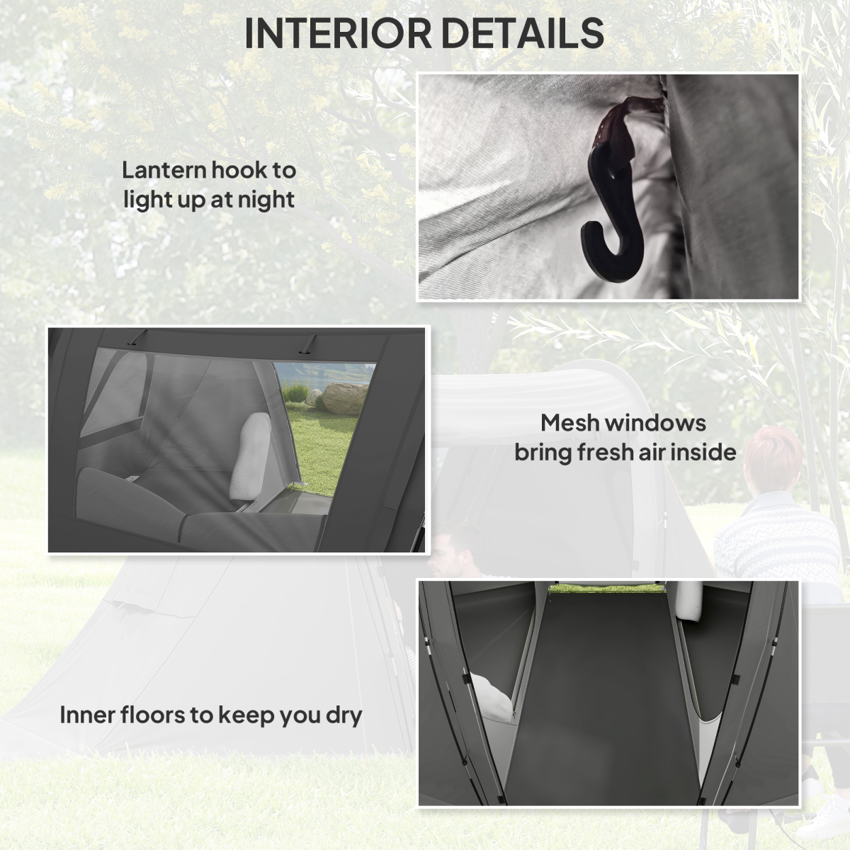 Outsunny 3 Man Camping Tent with 2 Bedrooms, 3000mm Waterproof