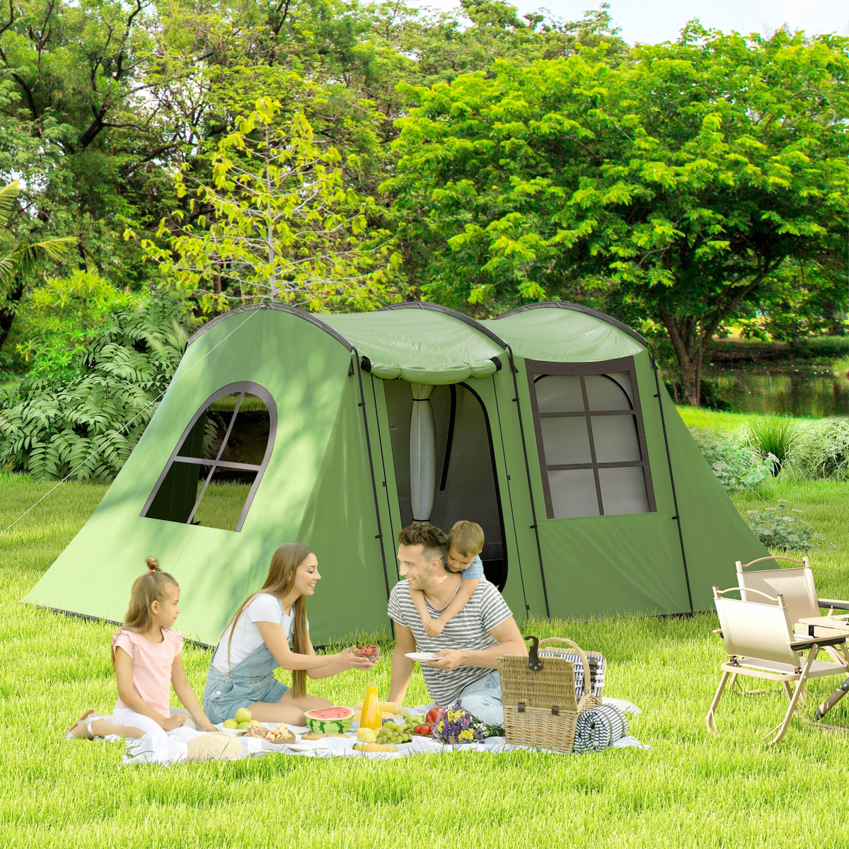 Outsunny 3-4 Man Tunnel Tent with Sewn in Floor, 3000mm Waterproof